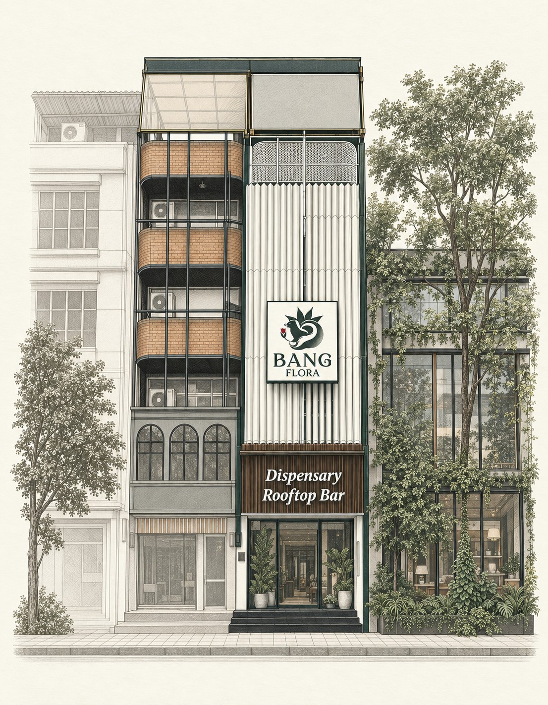 Illustration of the Bang Flora flagship and its neighboring buildings in Thonglor