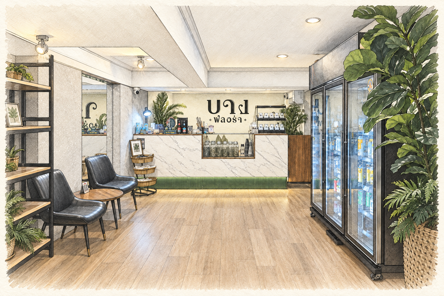 Illustration of the Bang Flora Dispensary interior, with the Thai Bang Flora sign above the counter