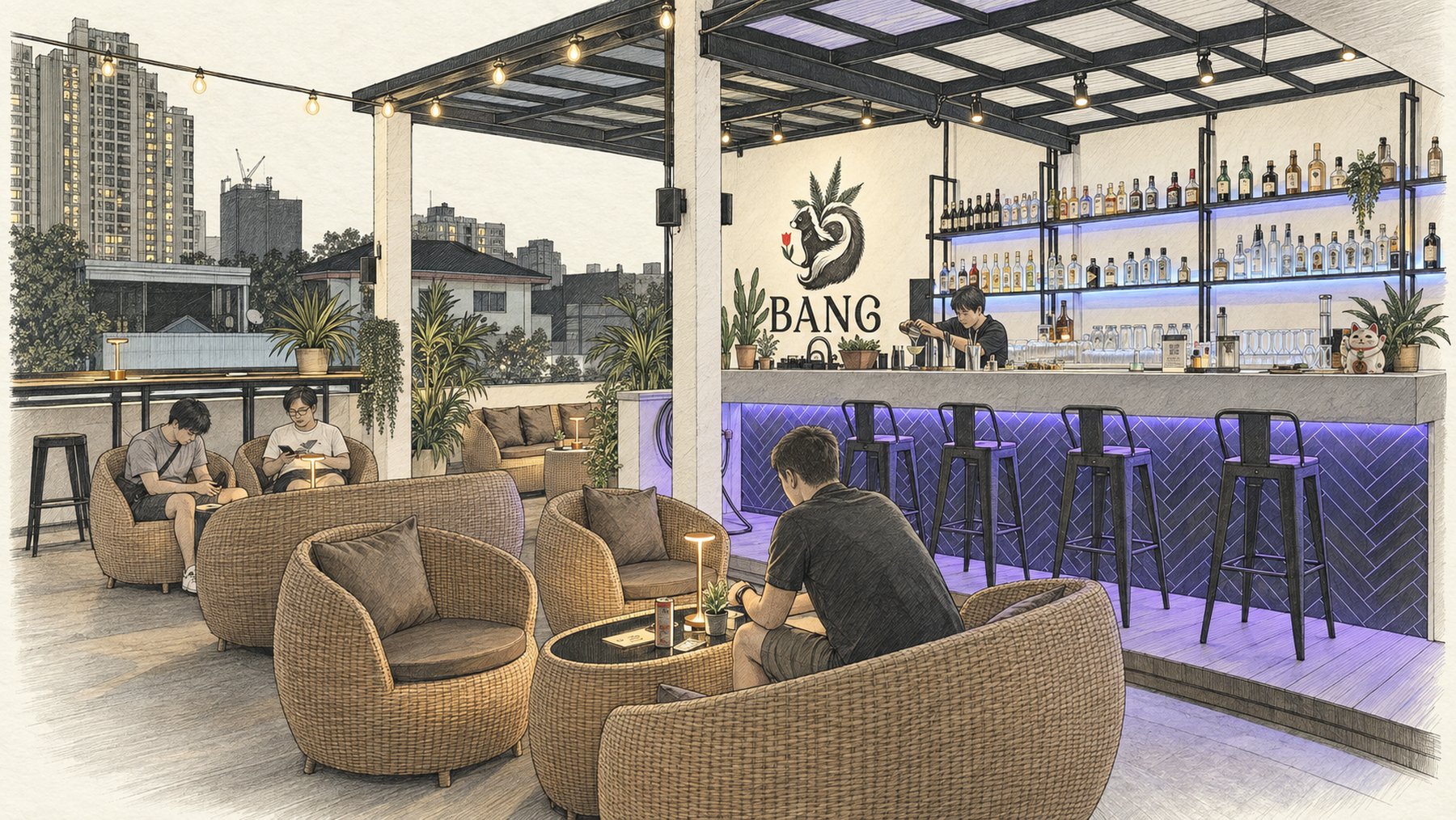 Illustration of the Bang Flora Rooftop Bar: rattan lounge chairs, the bar with purple lit tiles and the city skyline behind