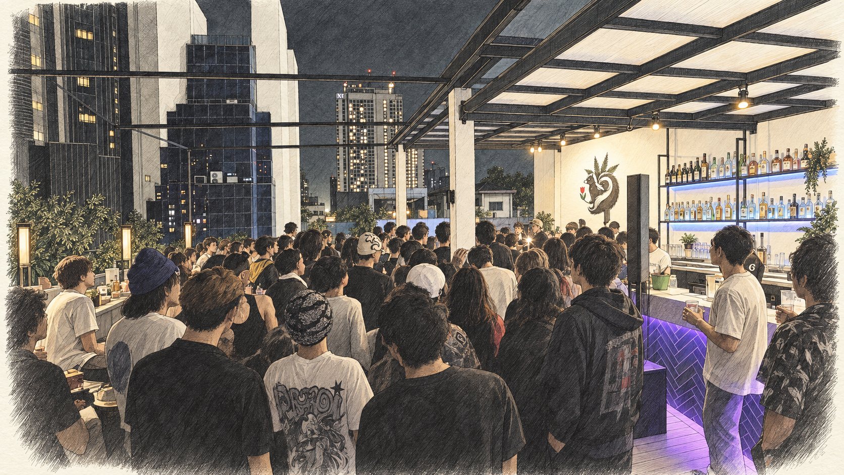 Illustration of a packed crowd at a live night on the Bang Flora Rooftop Bar, with the bar and city skyline behind